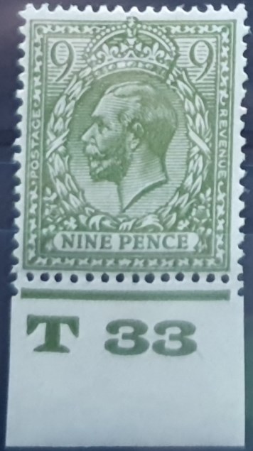 1924 GB - SG427 [N43] 9d Olive-Green (Ww) Ctrl T33 Bottom MM